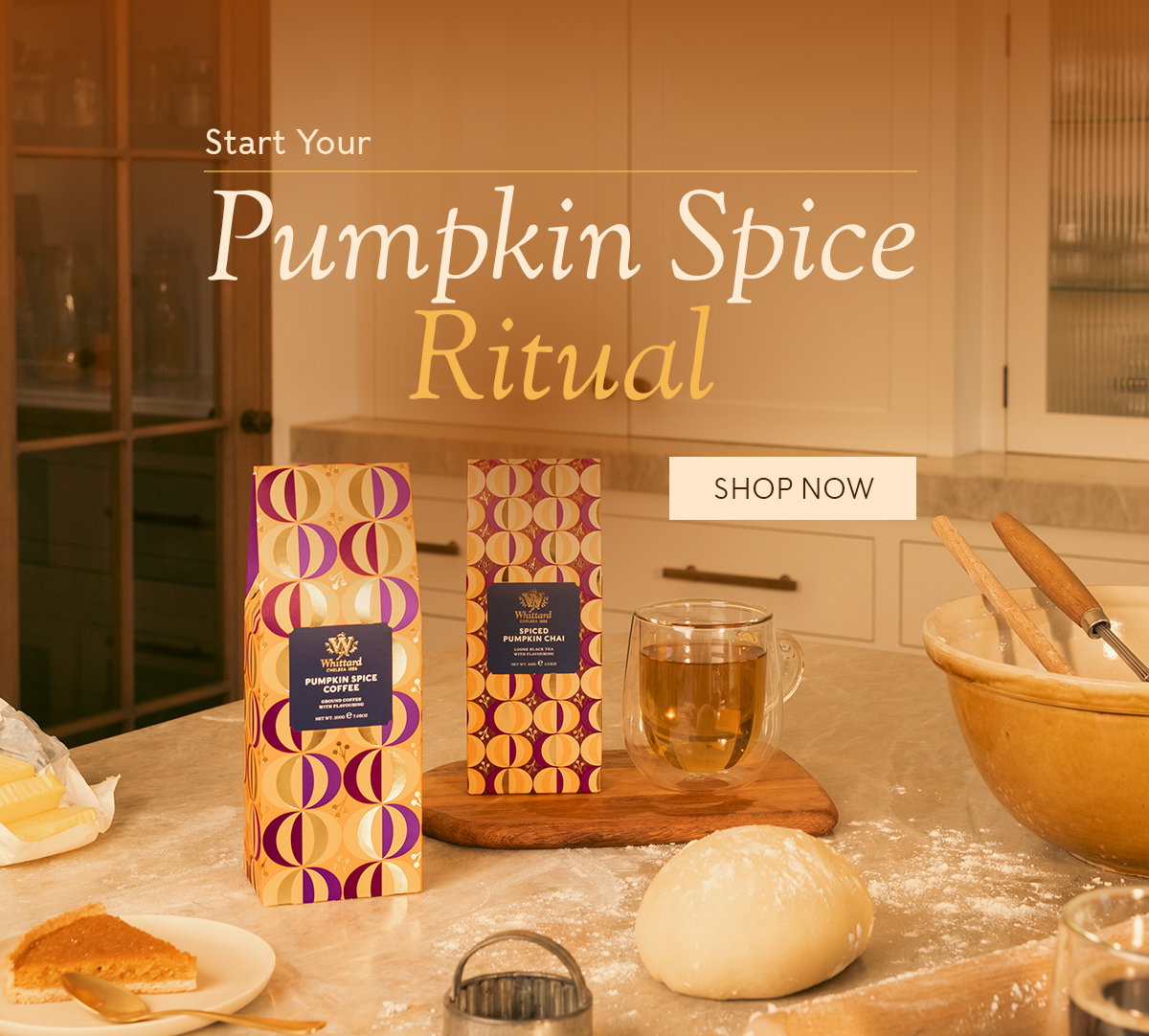 Image with 'Start Your Pumpkin Spice Ritual' in a kitchen background with the 2 products and a shop now CTA