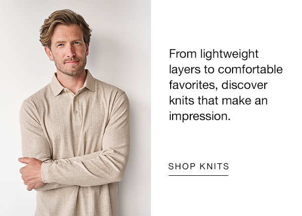 Model wearing a neutral long-sleeve knit polo. Text reads: 