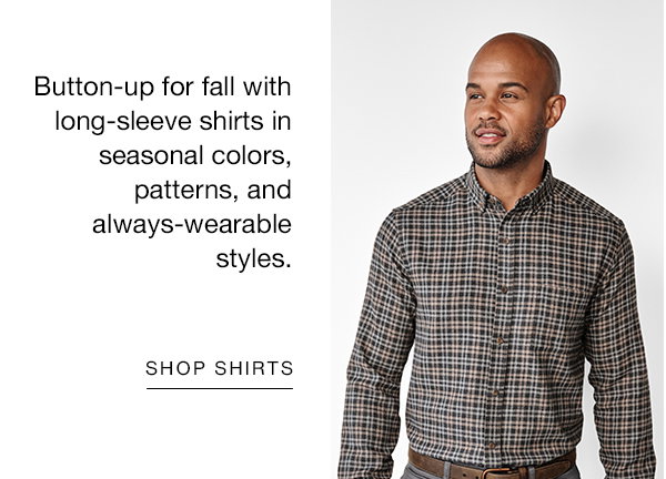 Model wearing a plaid long-sleeve button-down shirt. Text reads: 