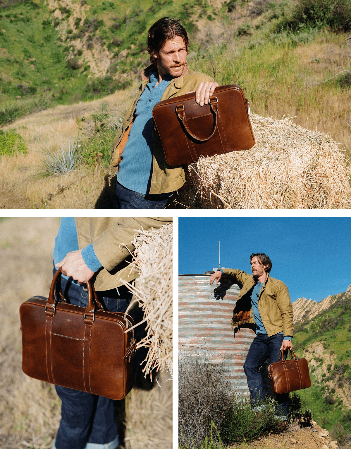 Man in a tan jacket and jeans holding a brown leather briefcase in an outdoor rural setting, shown resting the bag on a hay bale, a close-up of the bag in hand, and carrying it beside a metal silo.