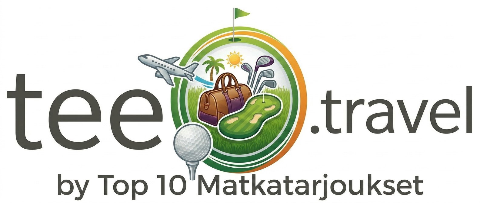 Logo for tee.travel by Top 10 Matkatarjoukset showing a golf ball on a tee, golf bag and clubs, putting green, sun, palm tree and aeroplane