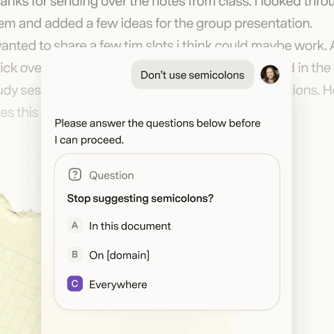 Pop-up asks to stop suggesting semicolons with three options to choose from.