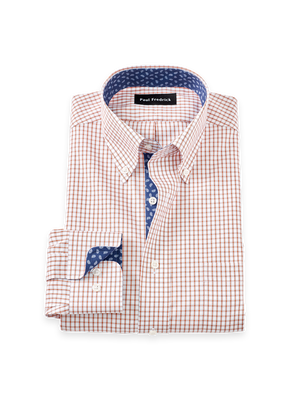 Non-Iron Cotton Check Dress Shirt With Contrast Trim - White/orange-Classic Fit / 17.5 / 36