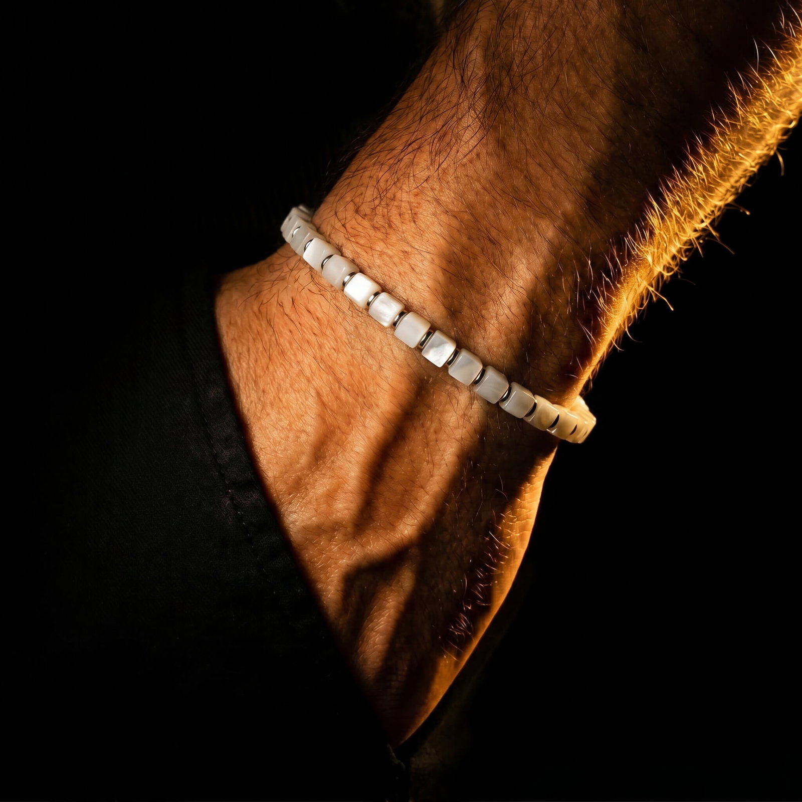 Mother of Pearl Cube Bracelet I worn on the wrist