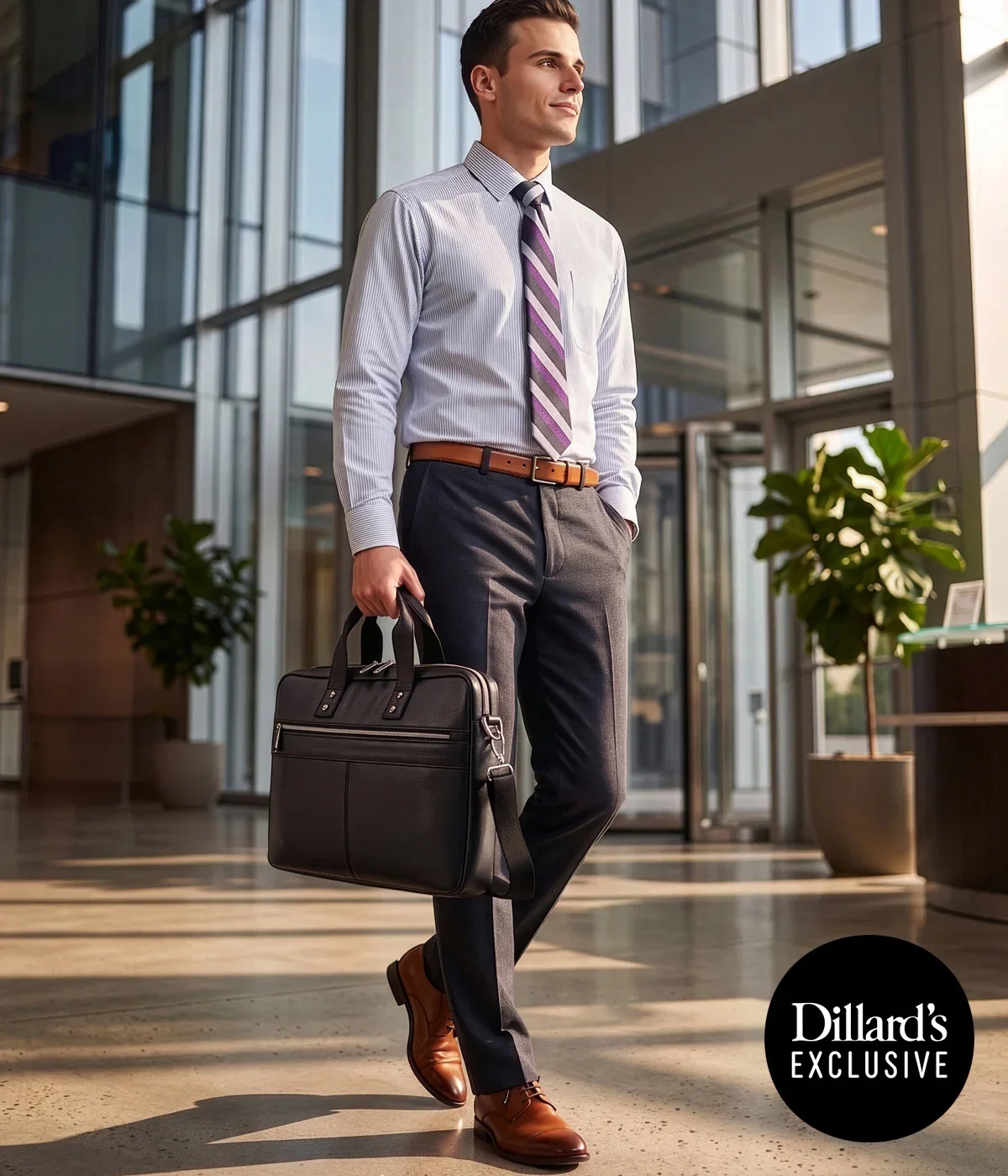 Maxwell Striped Traditional Silk Tie, $59.50* Daniel Cremieux Signature label The Icon Stripe Woven Shirt, $89.50** Daniel Cremieux Signature Label Stretch Flat Front Dress Pants, $75*** *Online & select stores. **New this season. ***More colors available.