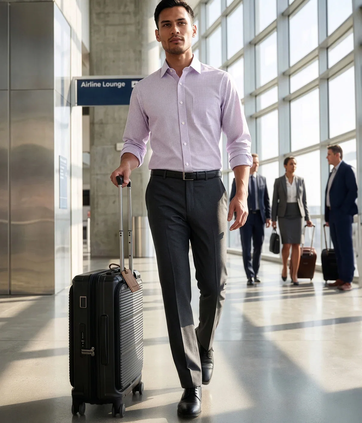 Signature Label The ETA Hidden Button Down Collar Gingham Woven Shirt, $89.50* Daniel Cremieux Signature Label Stretch Flat Front Dress Pants, $75** *New this season. **More colors available.