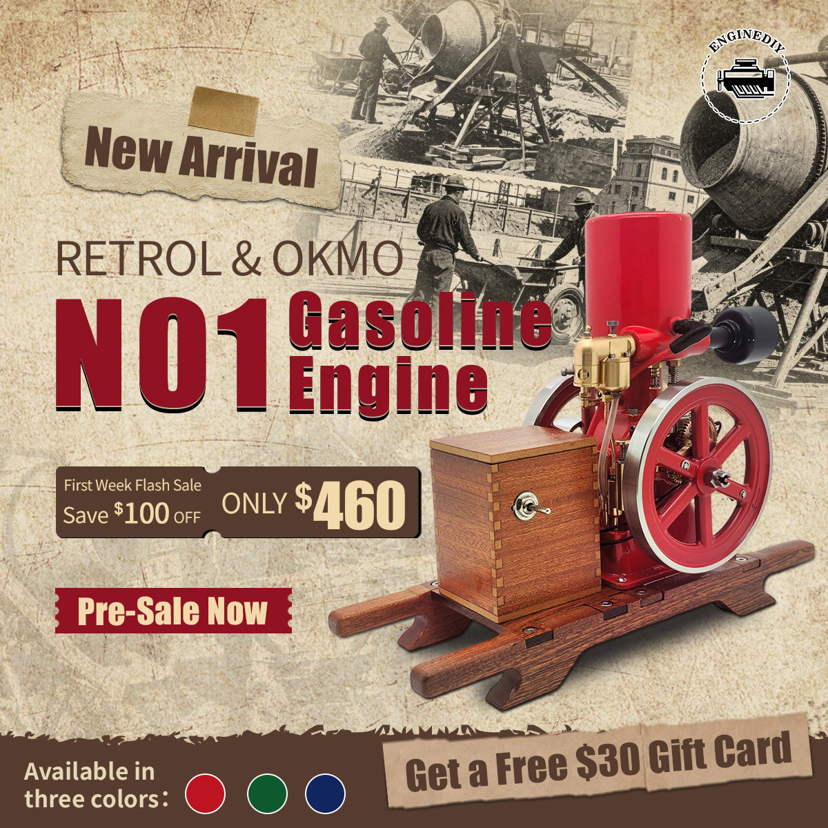 RETROL & OKMO N01 Hit and Miss Engine Model Four-Stroke Stationary Cement Mixer Internal Combustion Gasoline Engine