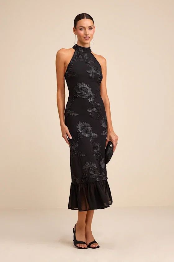 Image of Margaret Black Textured Ruffled Midi Dress