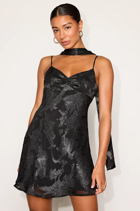 Image of Aydah Black Floral Burnout Slip Mini Dress and Scarf Set