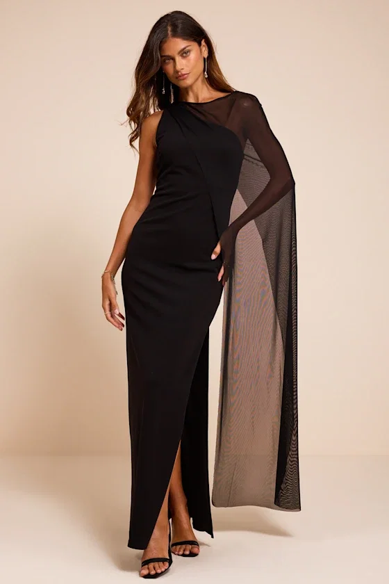 Image of Stassi Black Asymmetrical Cape Maxi Dress