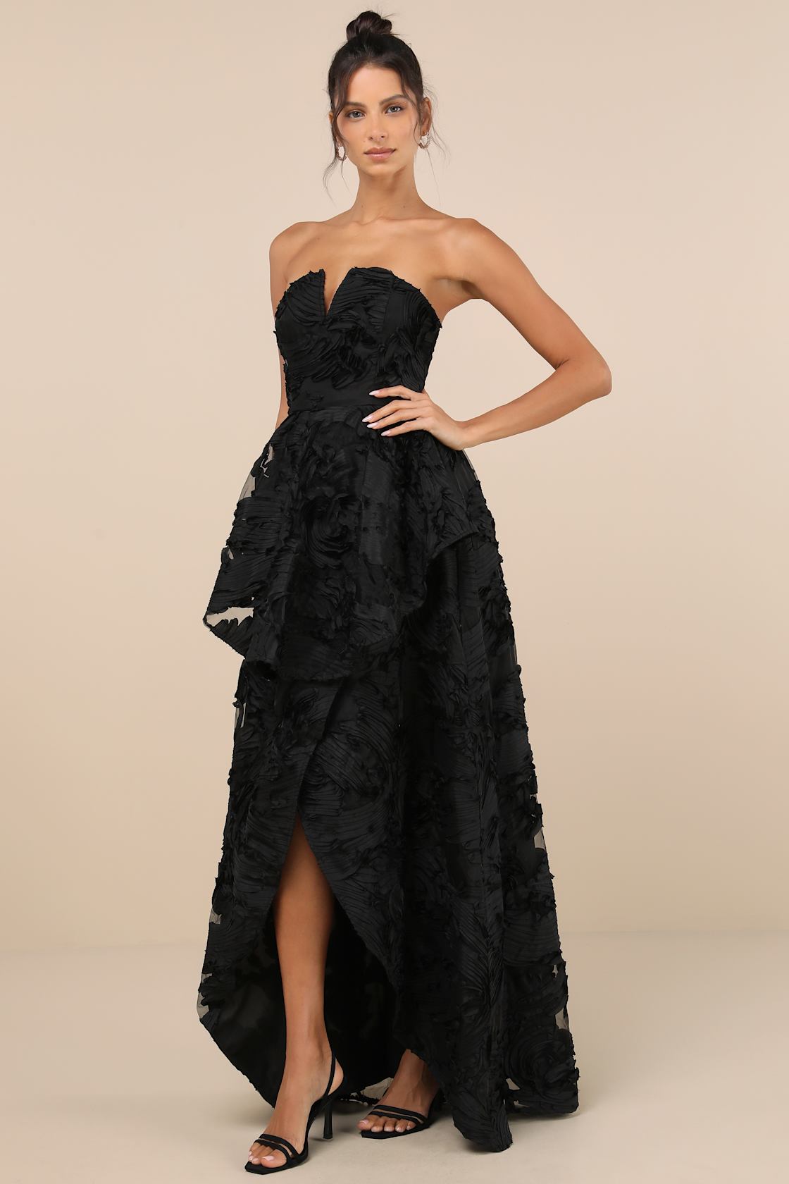 Image of Majestic Glam Black Strapless Textured High Low Maxi Dress