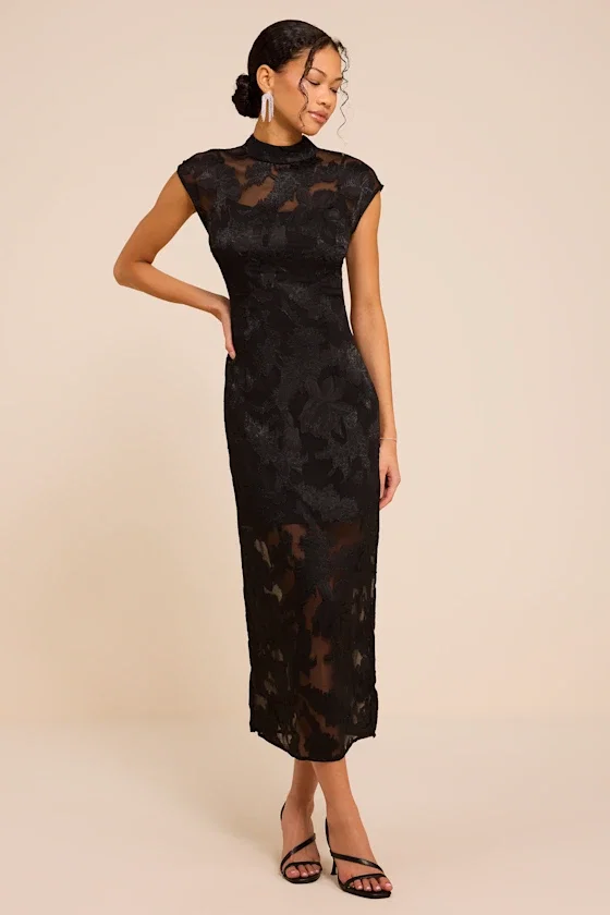 Image of Tensely Black Floral Jacquard Cap Sleeve Midi Dress
