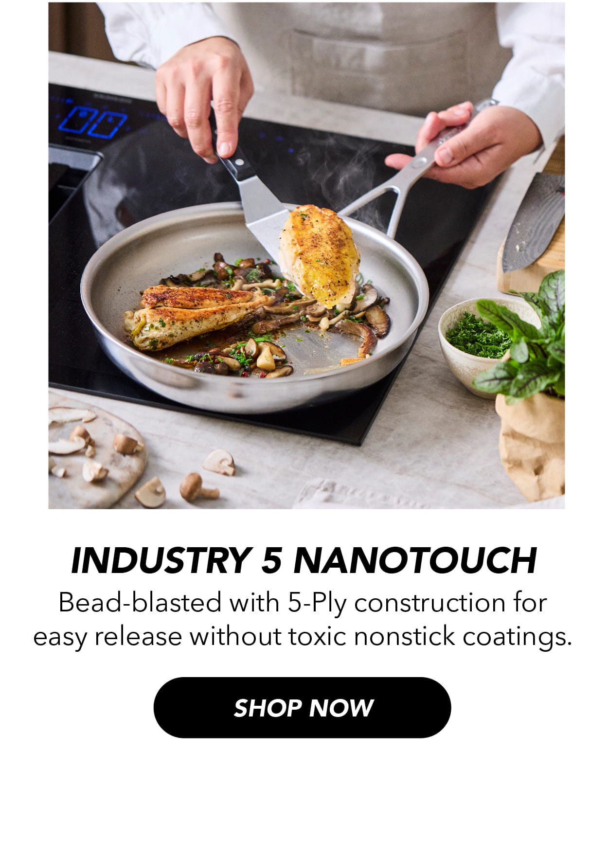 Industry 5 Nanotouch: Bead-blasted with 5-ply construction for easy release without toxic nonstick coatings.