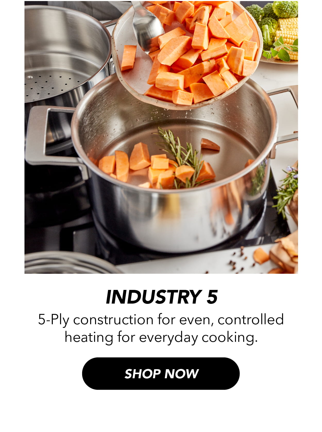 Industry 5: 5-ply construction for even, controlled heating for everyday cooking.