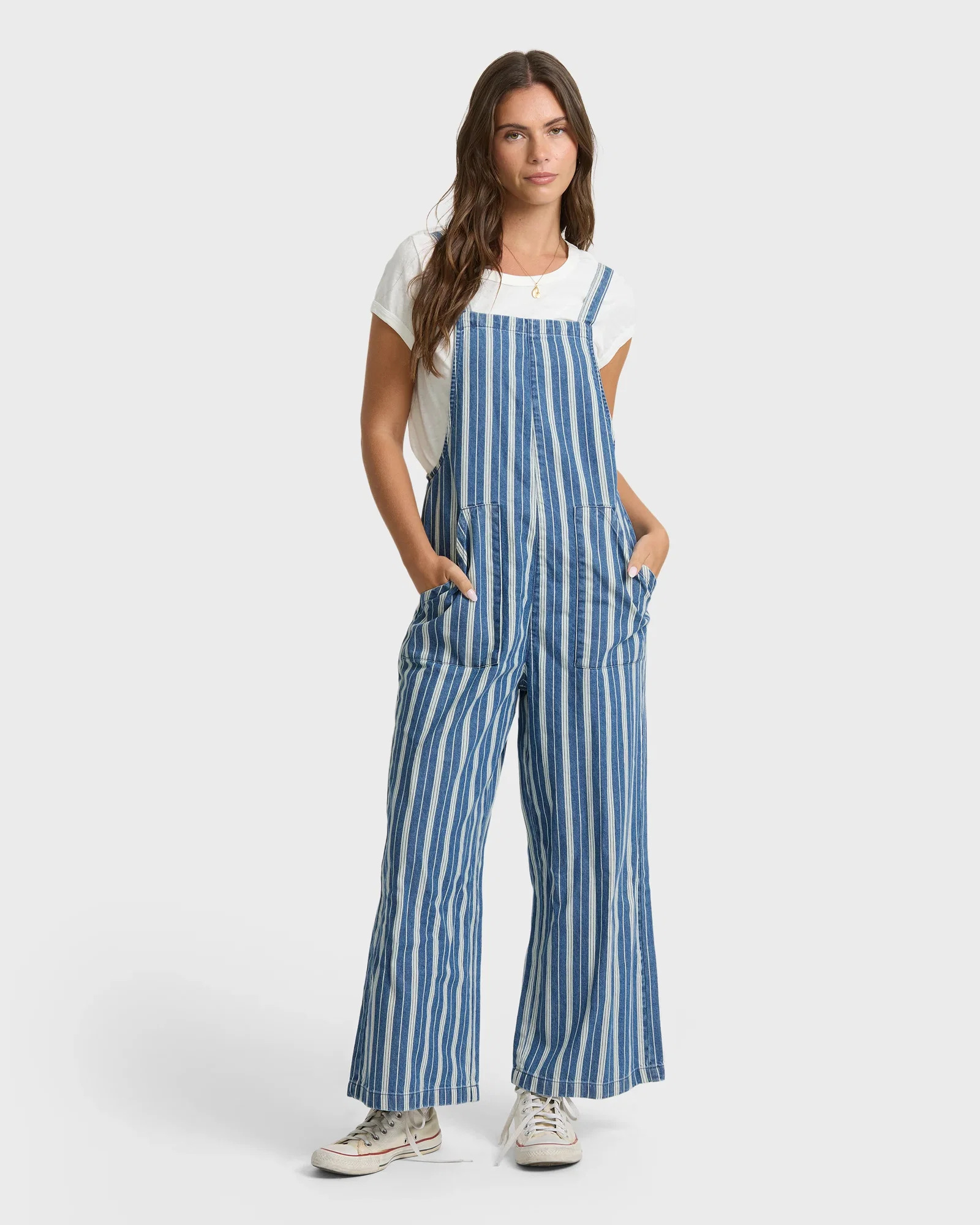 Image of Pacific Time Saltwashed Stripe Jumpsuit - Blue Smoke