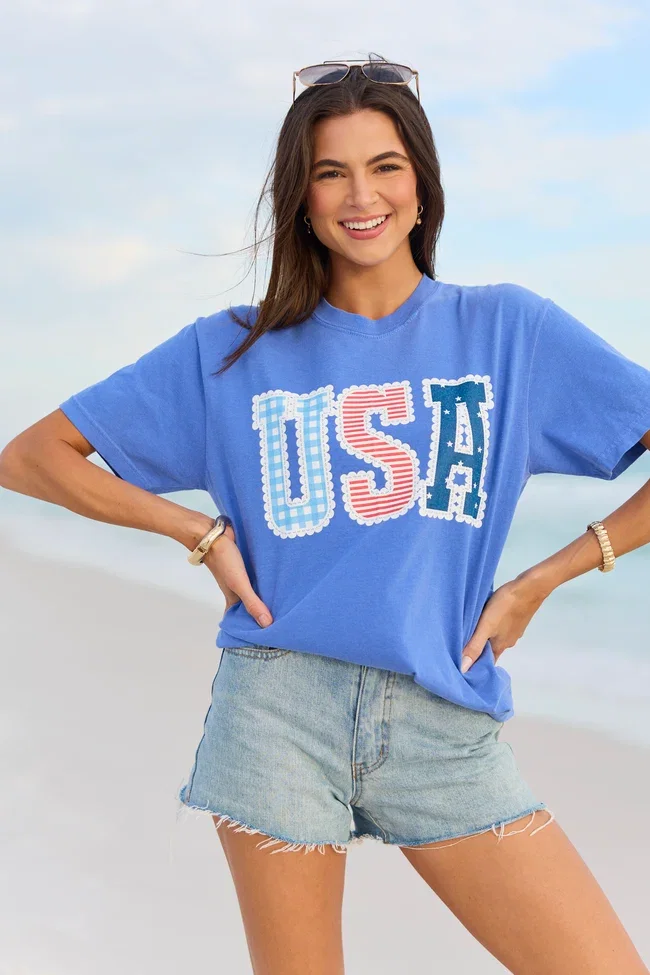 Image of USA Lace Print Blue Comfort Colors Graphic Tee