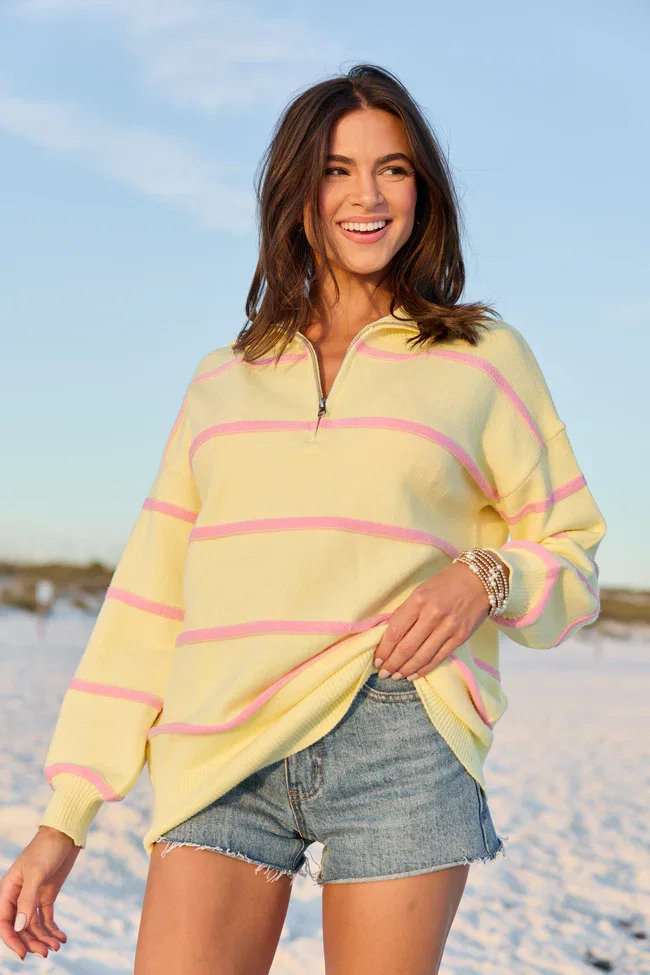 Image of Sunday Stripe Club Yellow And Pink Quarter Zip