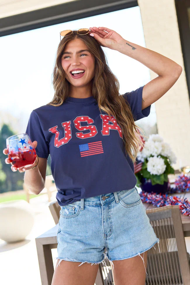 Image of Athletic USA Flag Star Print Navy Comfort Colors Graphic Tee