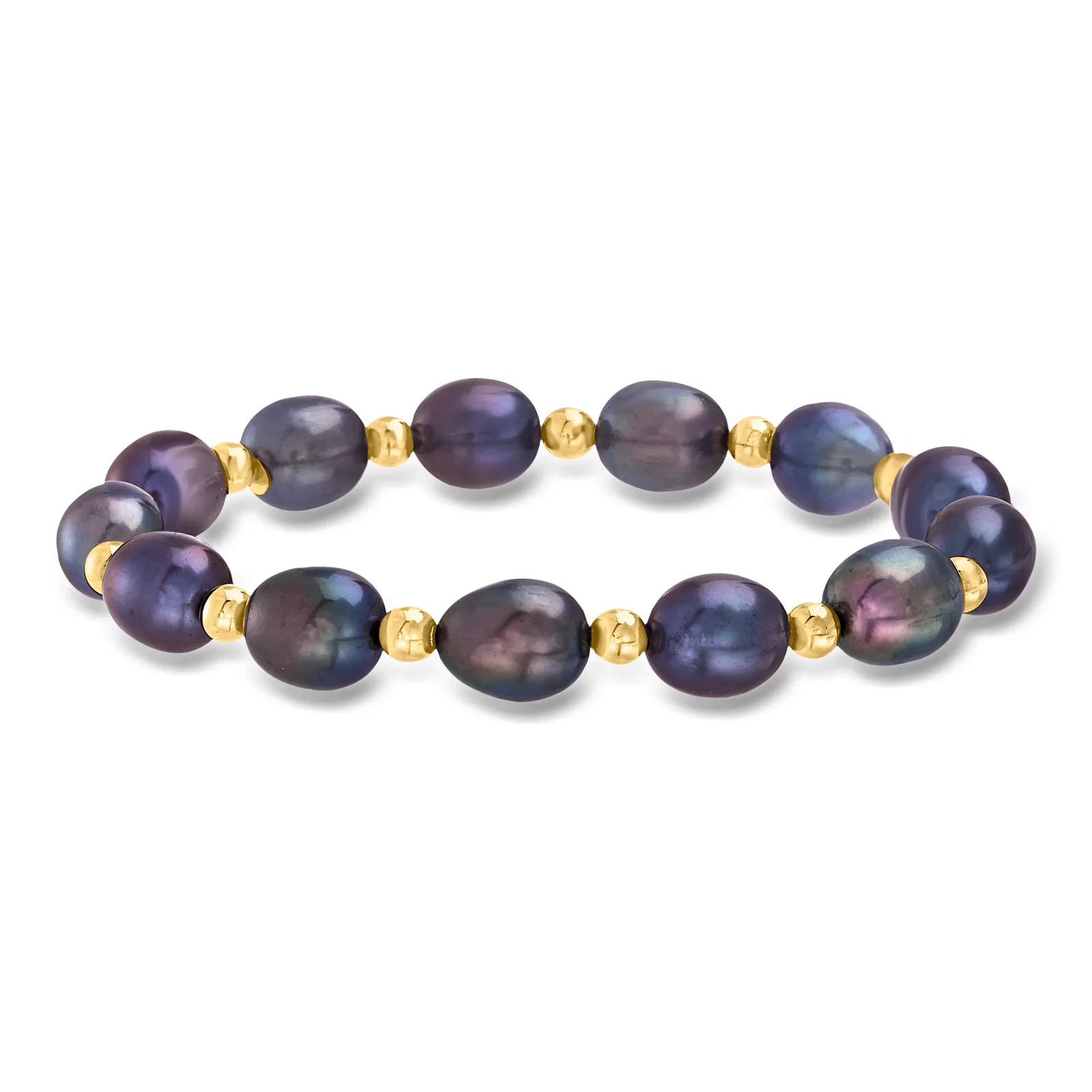 Shop 8-9mm Black Cultured Pearl and 14kt Yellow Gold Bead Stretch Bracelet - 7-inch