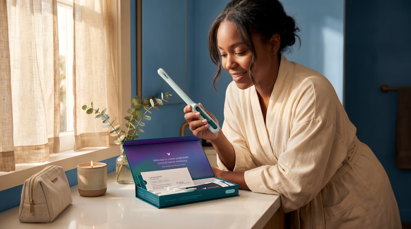 A woman leaning over the counter and looking at the Teal Health at-home screening kit.