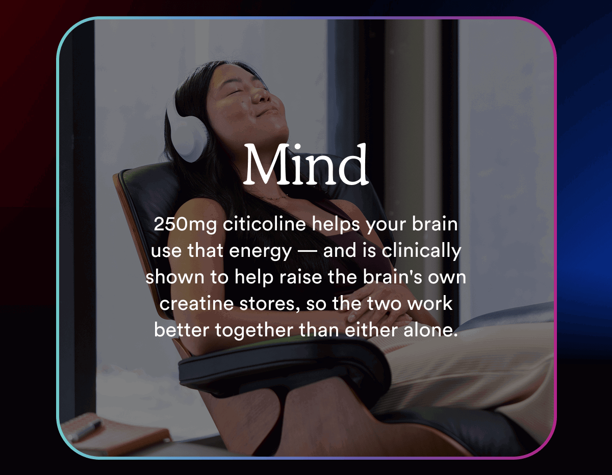 250mg citicoline helps your brain use that energy — and is clinically shown to help raise the brain's own creatine stores, so the two work better together than either alone.