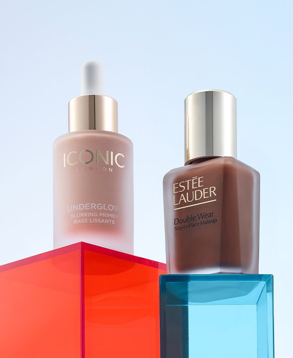 Group shot of Iconic London Double Wear Foundation and Estee Lauder Underglow Blurring Primer