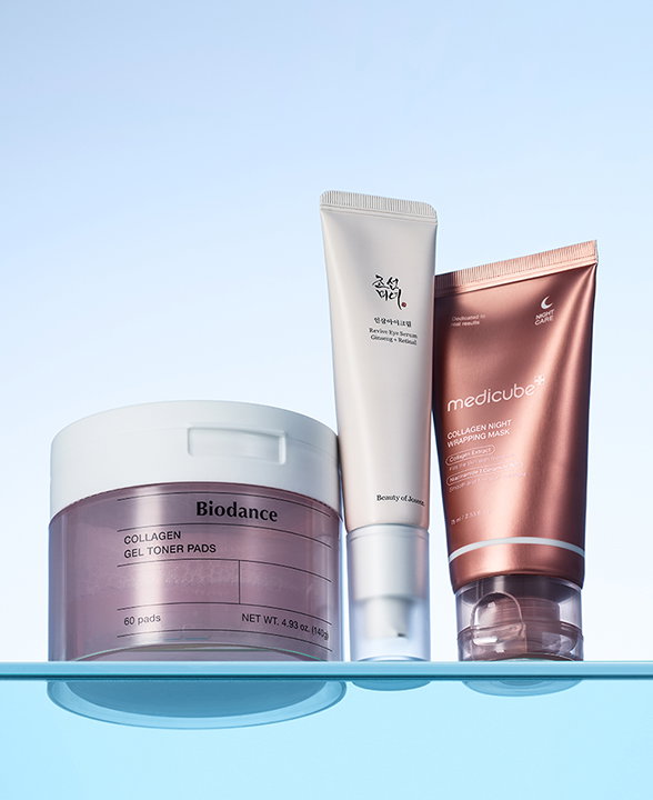 Group shot of Biodance Collagen Gel Toner Pads, Medicube  Collagen Night Wrapping Mask and Beauty of Josen  Revive Eye Serum Ginseng Retinal
