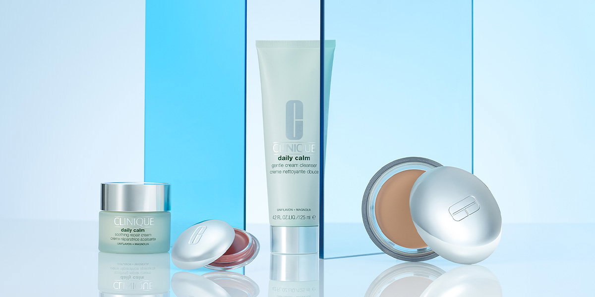 Group shot of Clinique Daily Calm Soothing Repair Cream, Gentle Cream Cleanser​, Makeup Balm  and Daily Calm Lip + Cheek Color 