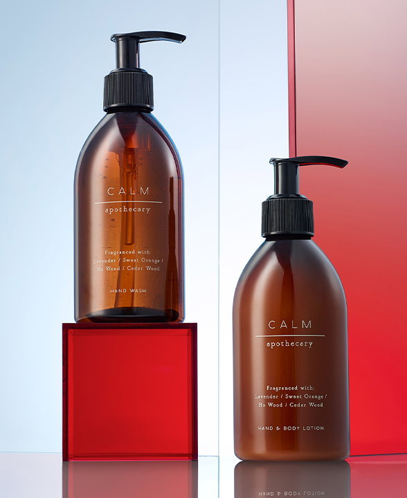 Group shot of Apothecary Calm Body Wash and Hand & Body Lotion