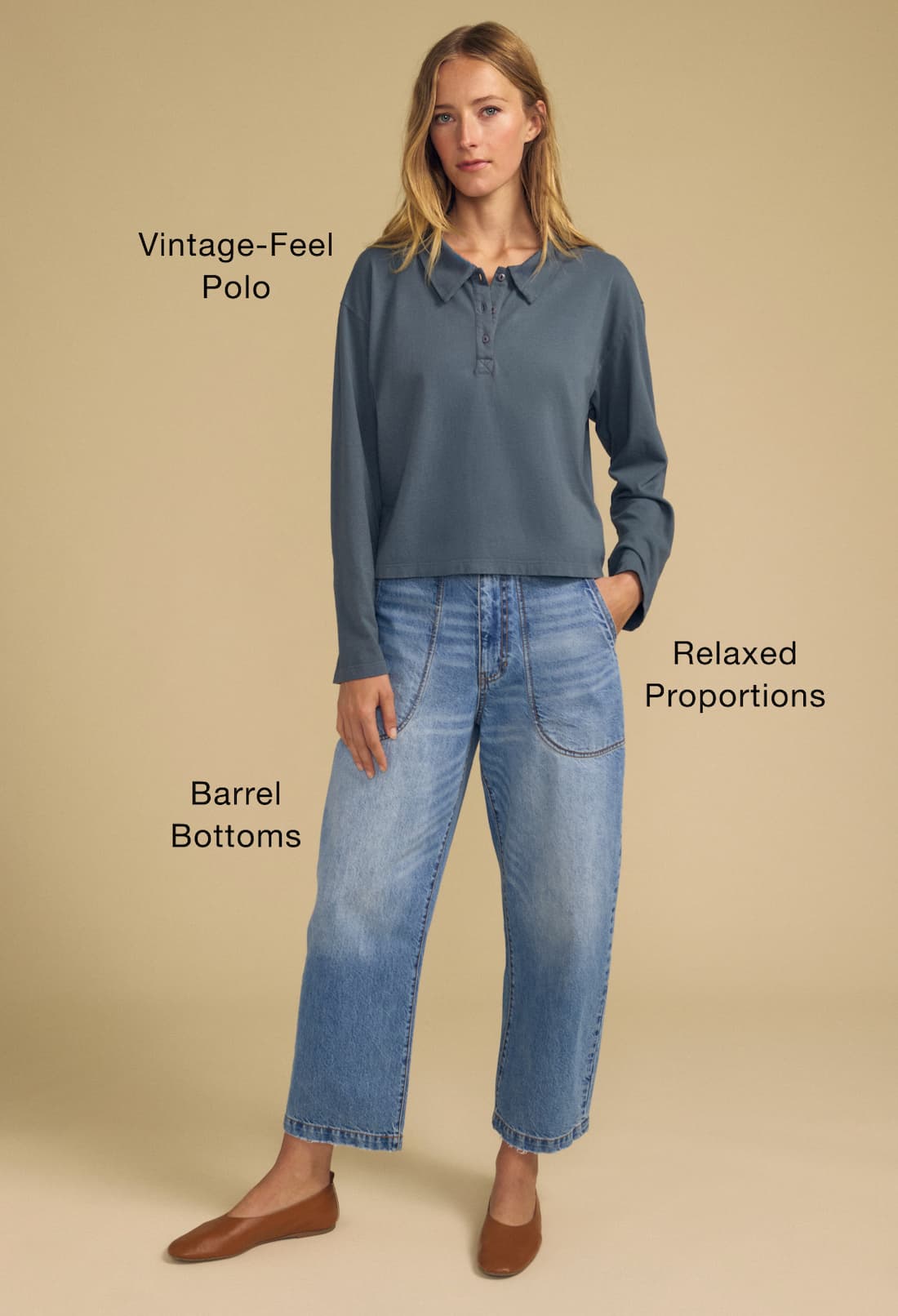 Image of model wearing Nilli Polo in Coal Dust. Image of model wearing Esmeralda Jeans in Indigo.