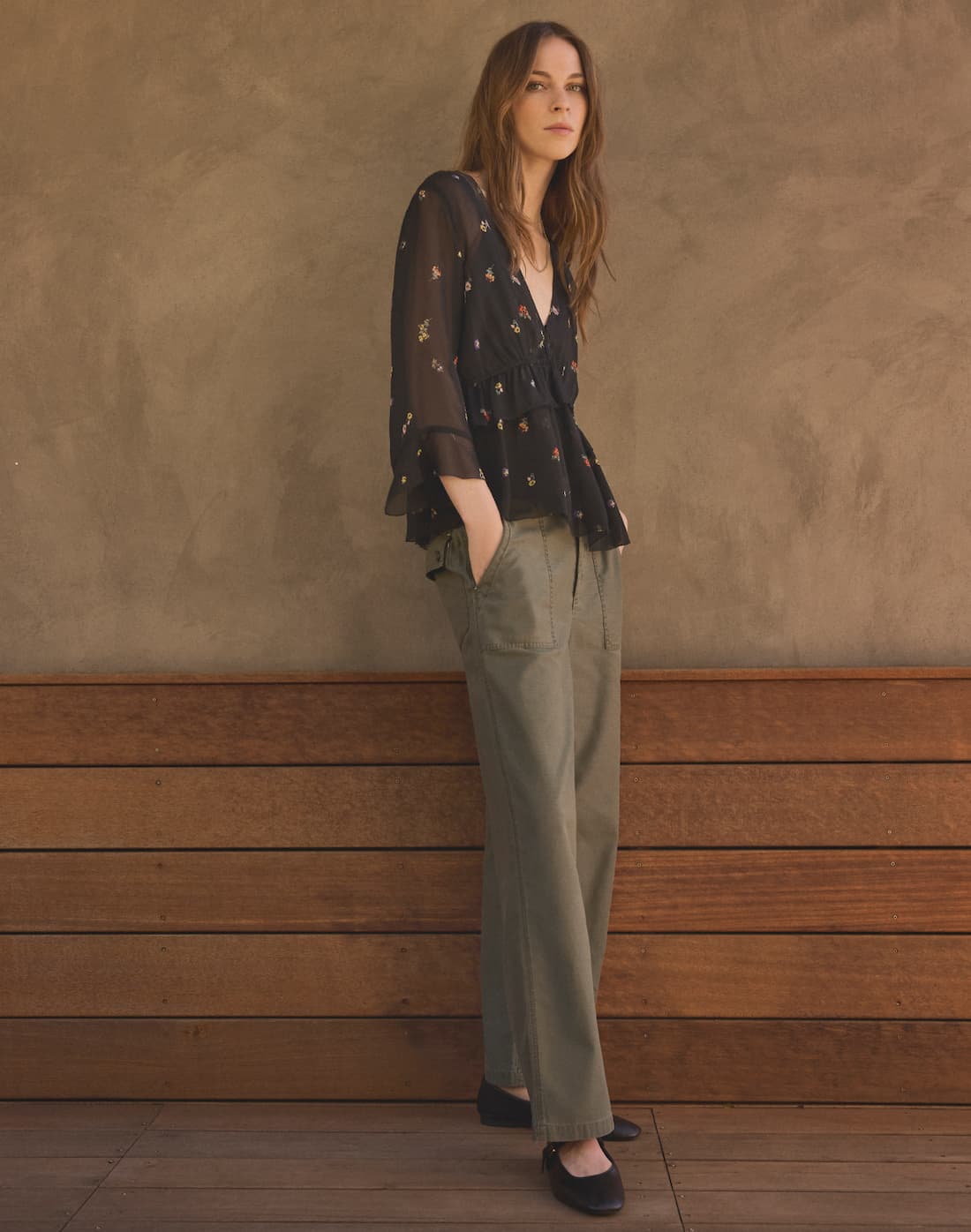 Image of model wearing Aileen Blouse in Multi/Black.