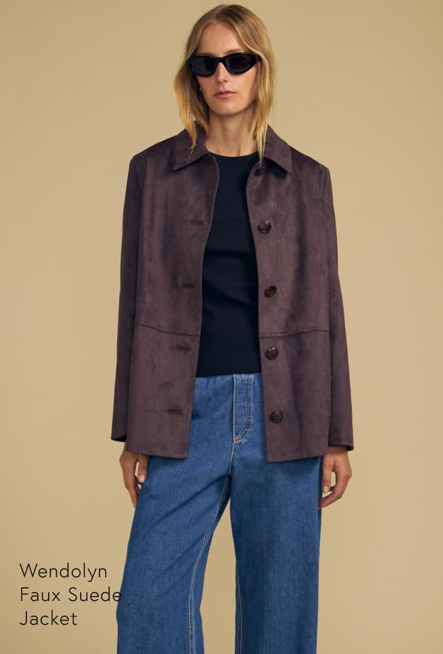 Image of model wearing Wendolyn Faux Suede Jacket.