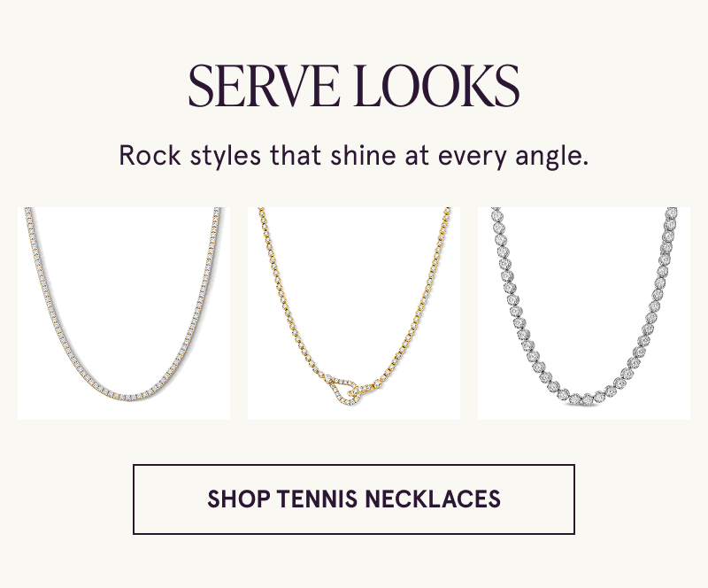 Two gold diamond tennis necklaces and a white metal diamond tennis necklace. Serve looks. Click here to shop tennis necklaces