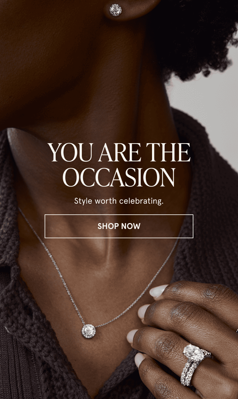 A model wearing a bridal set, diamond stud and matching necklace. You are the occasion. Click here to shop now