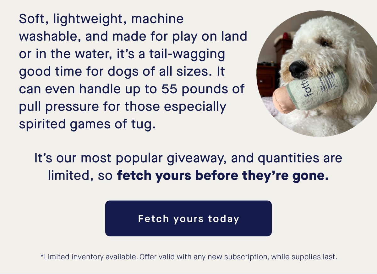 Soft, lightweight, machine washable, and made for play on land or in the water, it’s a tail-wagging good time for dogs of all sizes. It can even handle up to 55 pounds of pull pressure for those especially spirited games of tug. It’s our most popular giveaway, and quantities are limited, so fetch yours before they’re gone. Fetch yours today *Limited inventory available. Offer valid with any new subscription, while supplies last.
