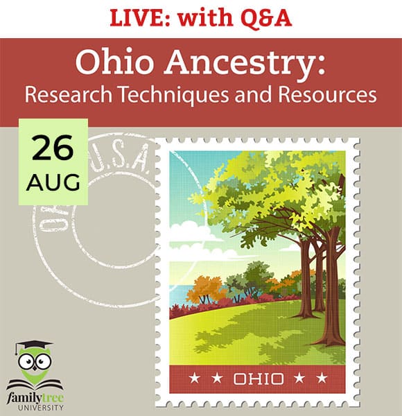 Ohio Ancestry: Research Techniques and Resources event on August 26; illustrated Ohio landscape on a stamp.