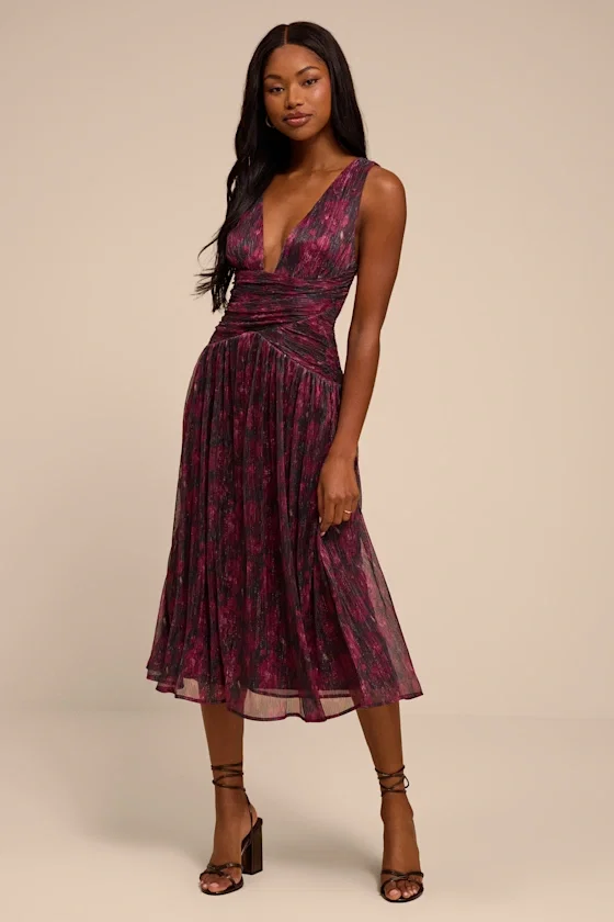Image of Evaluna Plum Abstract Print Lurex Pleated Midi Dress