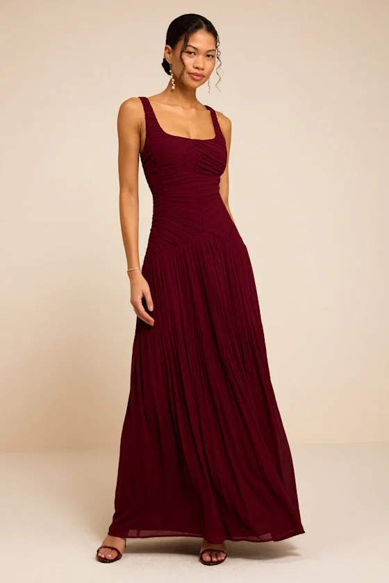 Image of Rhonda Burgundy Pleated Drop Waist Maxi Dress
