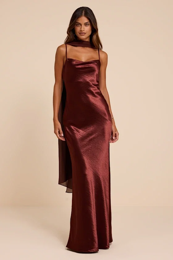 Image of Daya Brown Satin Slip Maxi Dress and Scarf Set