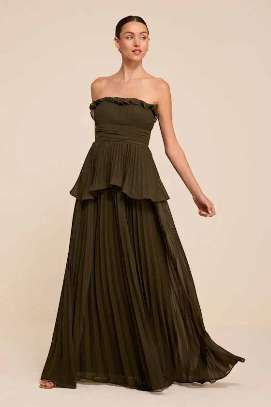 Image of Daniela Olive Pleated Strapless Maxi Dress