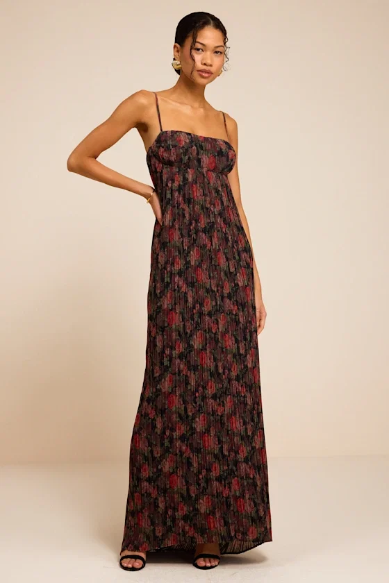 Image of Avi Black Floral Print Pleated Sleeveless Maxi Dress