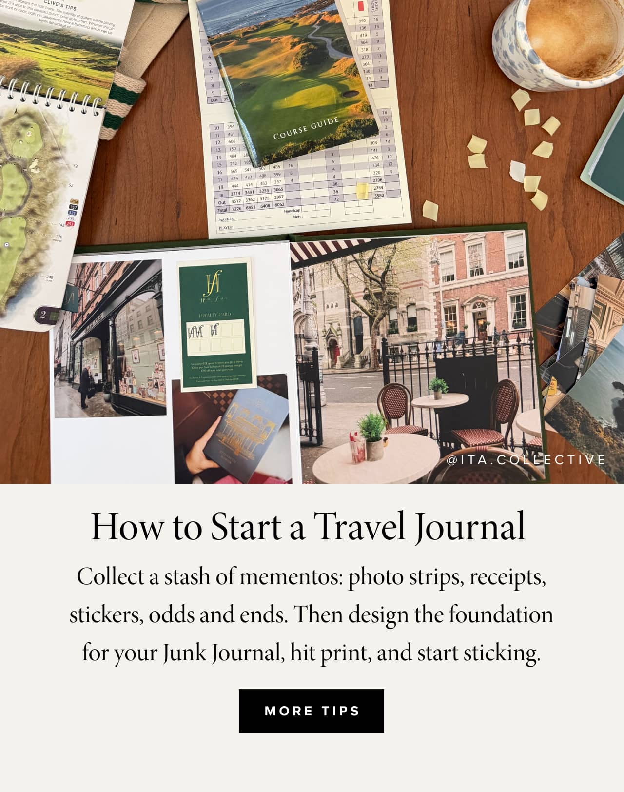 Collect a stash of mementos: photo strips, receipts, stickers, odds and ends. Then design the foundation for your Junk Journal, hit print, and start sticking.