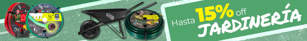 Garden hoses, hose reels and a wheelbarrow with banner reading 'Hasta 15% off JARDINERÍA', advertising up to 15% off gardening