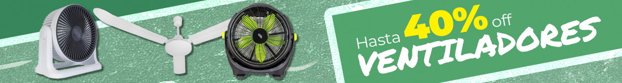 Three electric fans — table, ceiling and industrial — on a green promotional banner reading 'Up to 40% off fans'