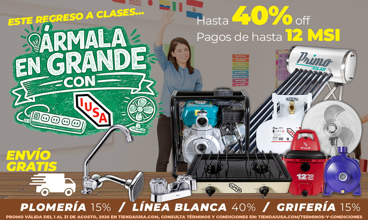 Back-to-school sale of home appliances, plumbing and kitchenware with a smiling woman, up to 40% off and free shipping