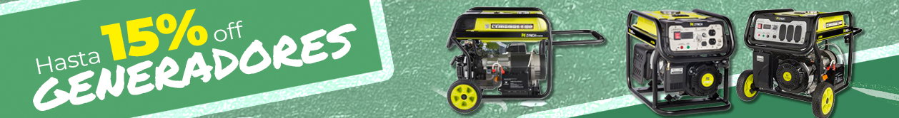 Three portable petrol generators on a green banner advertising up to 15% off