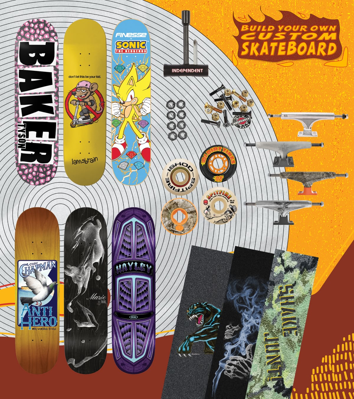 Choose a skate deck and add $100 to build your own premium skate complete! Includes free shipping.
