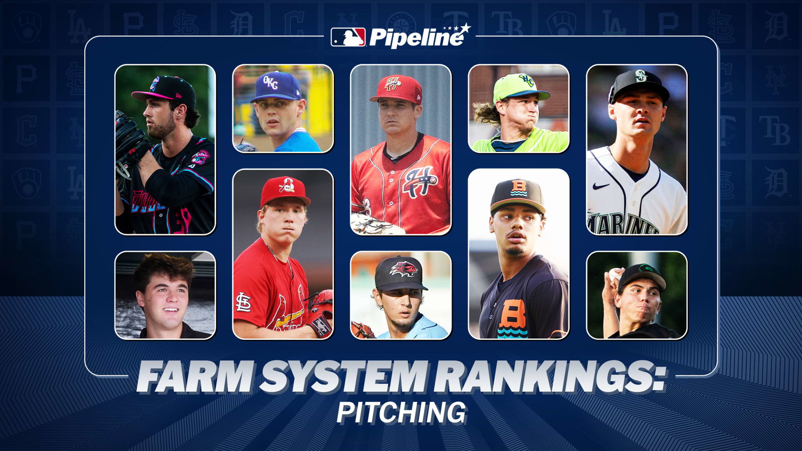 Images of 10 pitching prospects arranged in squares and rectangles