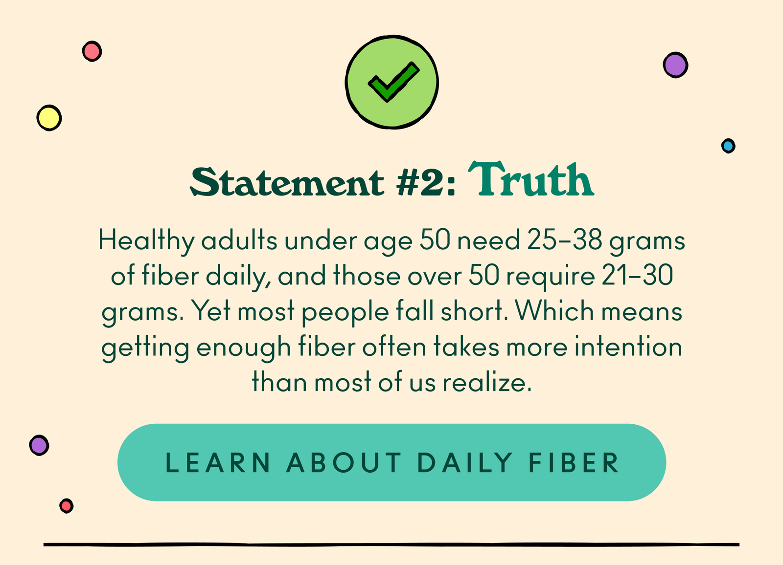 Statement #2: Truth. Healthy adults under age 50 need 25–38 grams of fiber daily, and those over 50 require 21–30 grams. Yet most people fall short. Which means getting enough fiber often takes more intention than most of us realize.