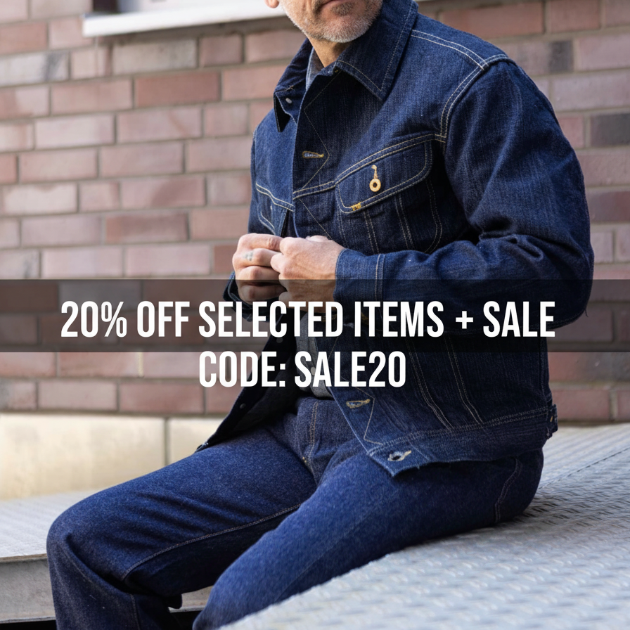 Man in denim jacket and jeans with a 20% off sale code.
